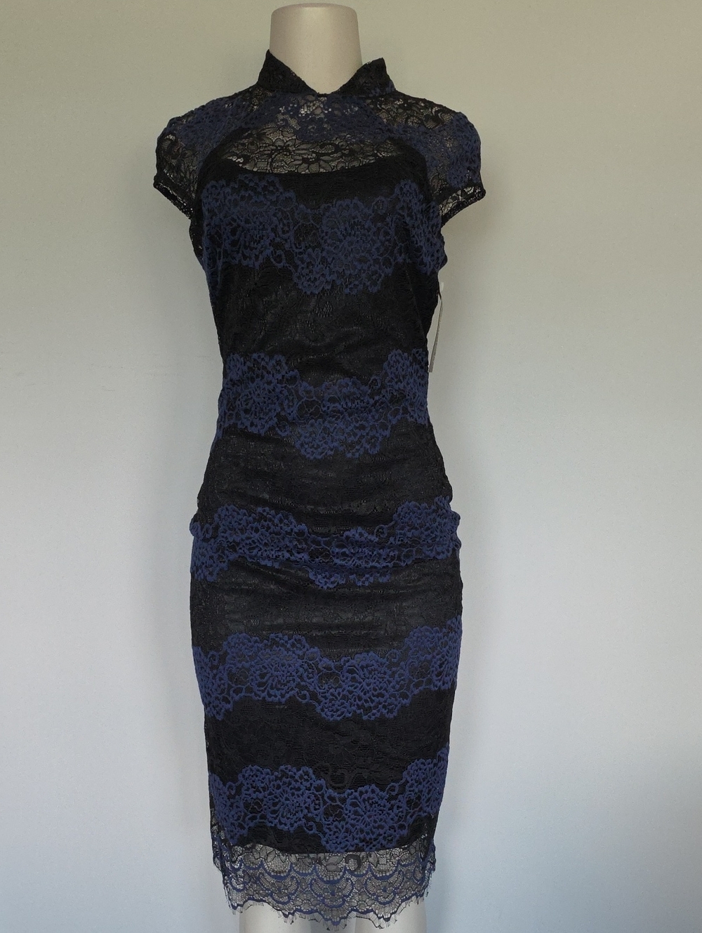 Eva Mendes black/blue stripe lace dress-0